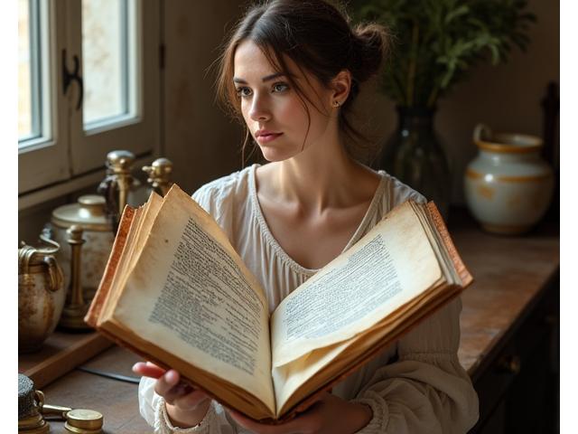Photo de la fondatrice, Hélène Dubois, devant un ancien livre de recettes et des ustensiles d'époque, ou une page manuscrite de vieille recette française.