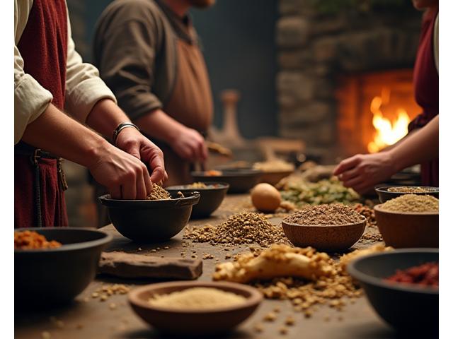 Participants préparant un repas médiéval dans une cuisine rustique