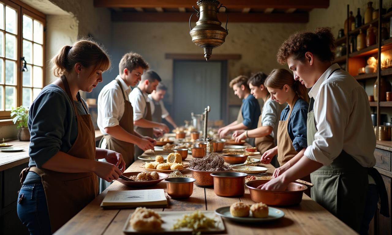 Vue d'ensemble d'un atelier de cuisine historique avec des participants actifs et des ustensiles anciens