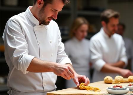 Chef expliquant une technique de cuisine à des élèves attentifs