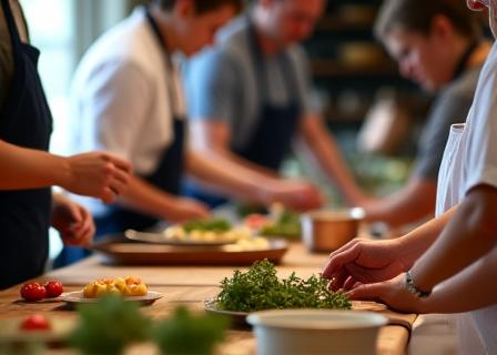 Participants d'atelier de cuisine apprenant à préparer un plat traditionnel