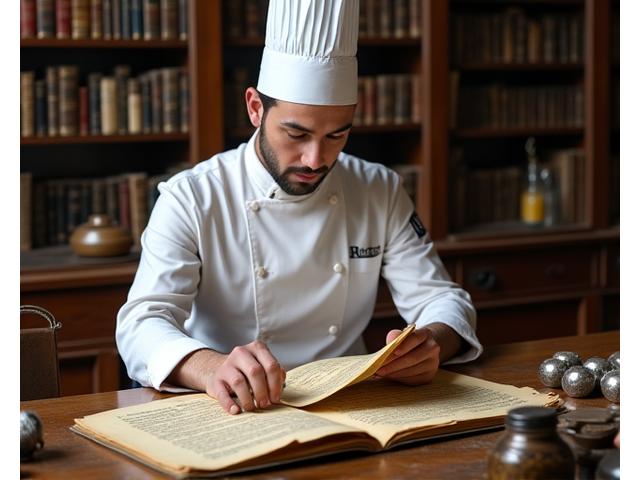 Chef cuisinier travaillant sur des recettes anciennes avec des manuscrits