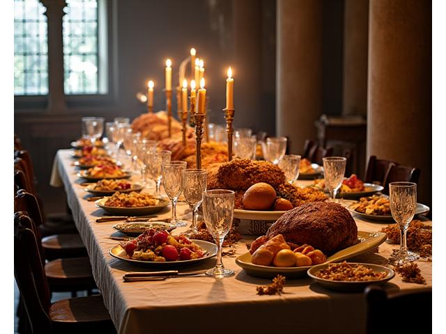 Table de banquet médiéval ou renaissance avec des plats historiques
